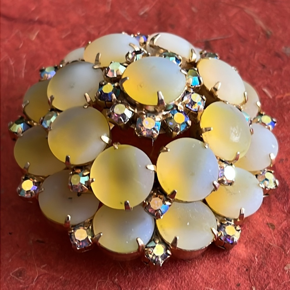 Vintage frosted faux moonstone domed brooch with AB rhinestone accents gold tone